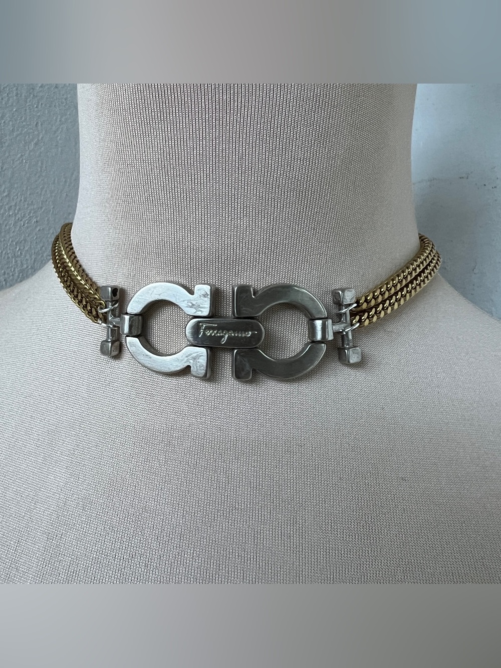 Custom Ferragamo Hardware Necklace Two-tone Vintage Gold Silver Choker 14-16”
